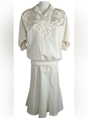 Regal Vintage Ivory Cream 2pc Short Sleeve Yoked Blouse & Dress Set Size Medium